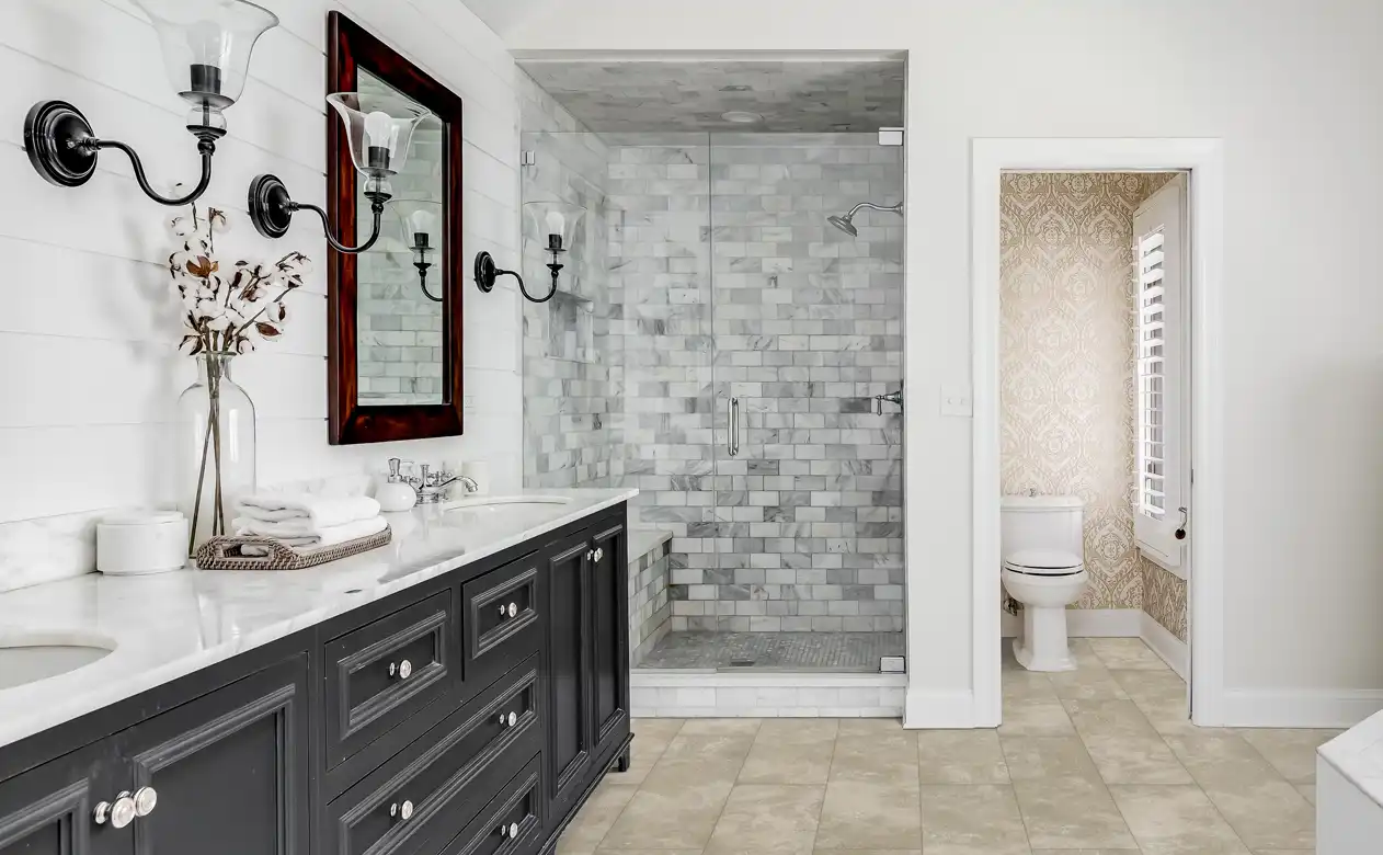Gray custom tiled walk-in shower with beige tile flooring